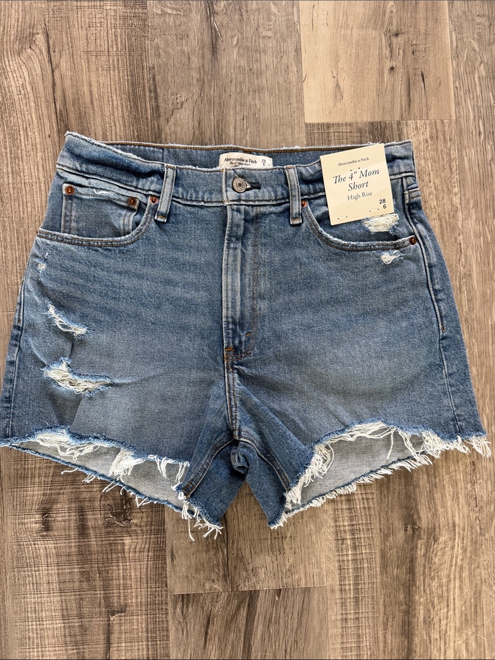 Abercrombie & Fitch Distressed High-Rise Blue Denim Mom Shorts